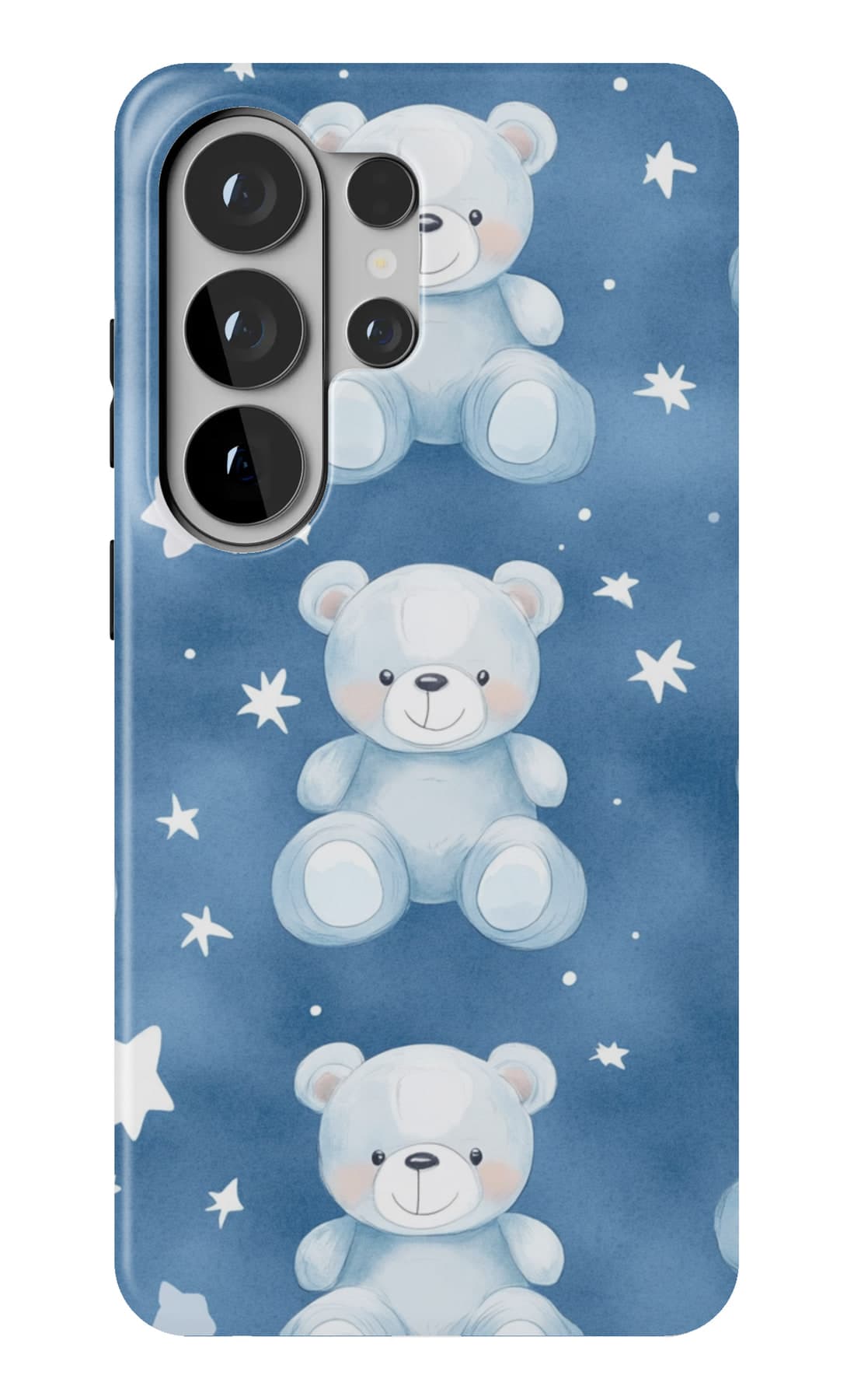 Blue teddies under scattered stars. Shown on a Galaxy.