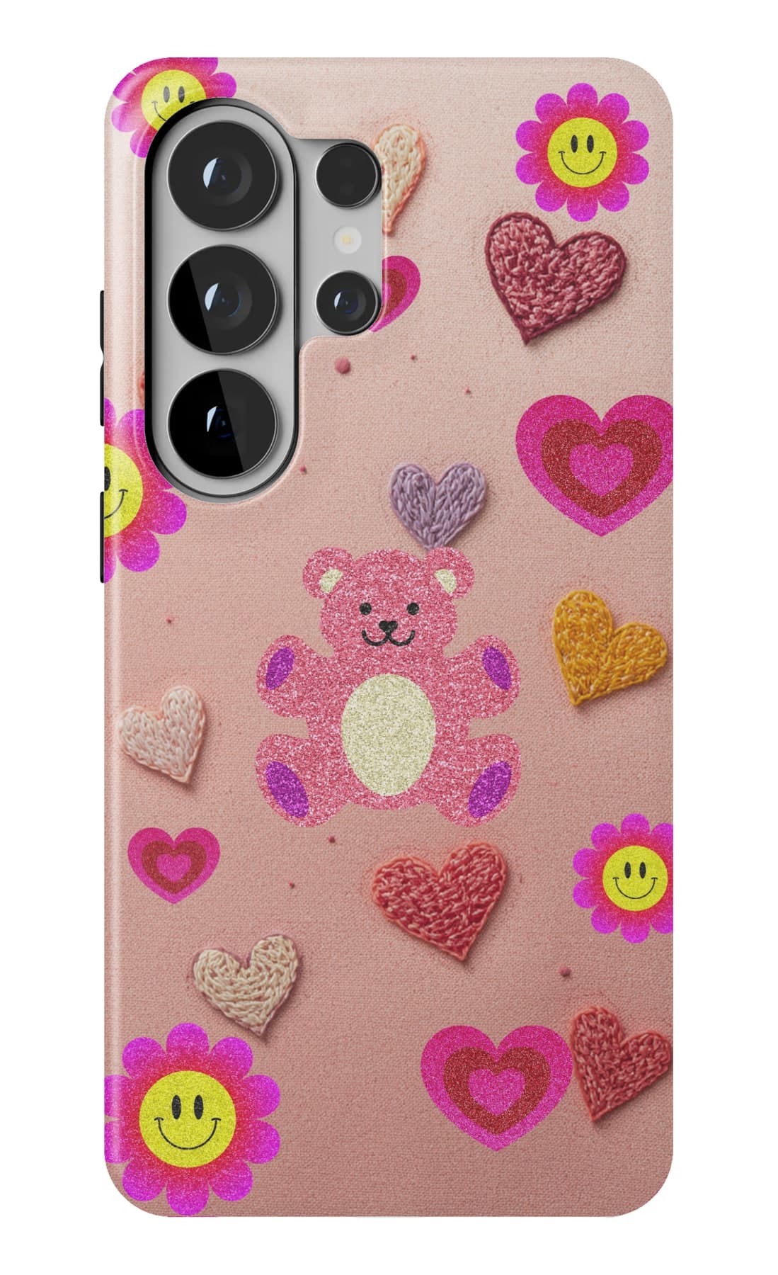 Hearts, flowers and bears like stickers. Shown on a Galaxy.