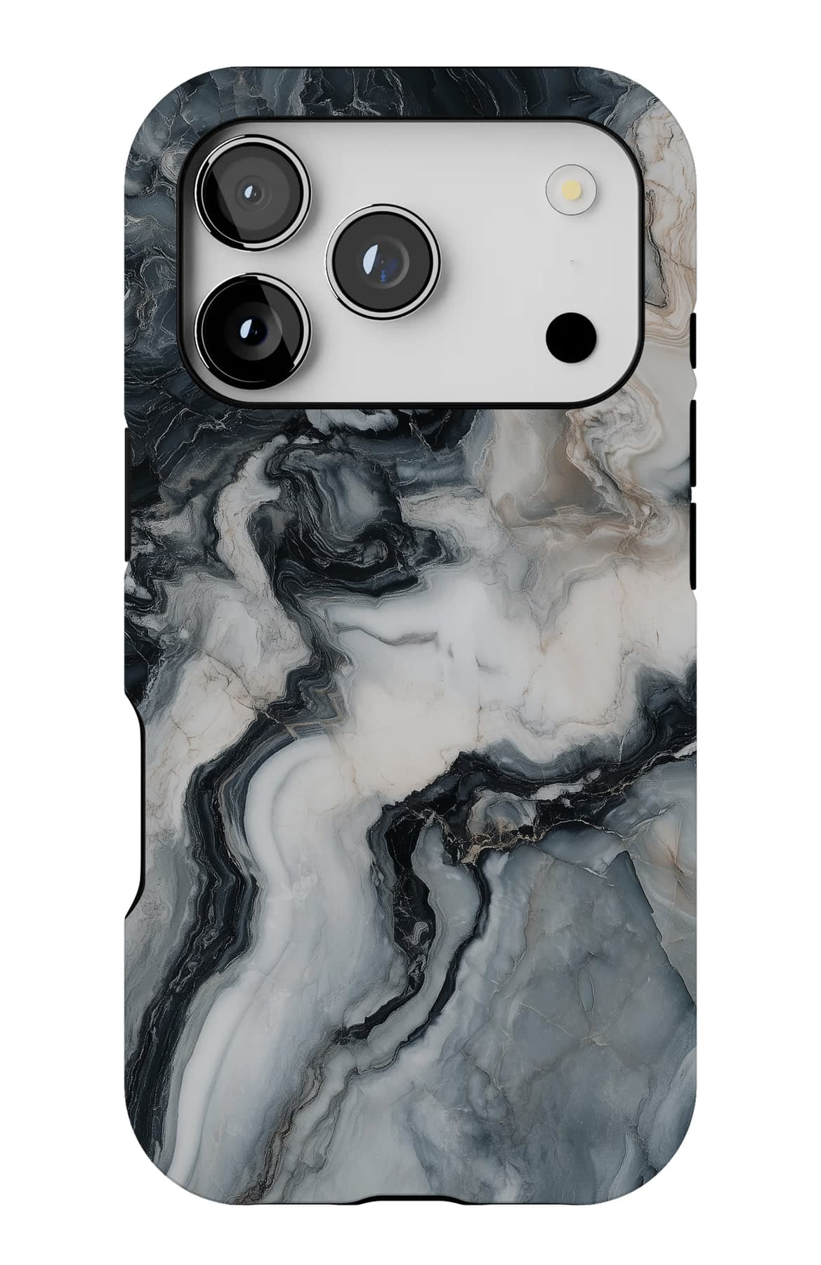 Black and white marble, caught mid-storm. Shown on an iPhone.