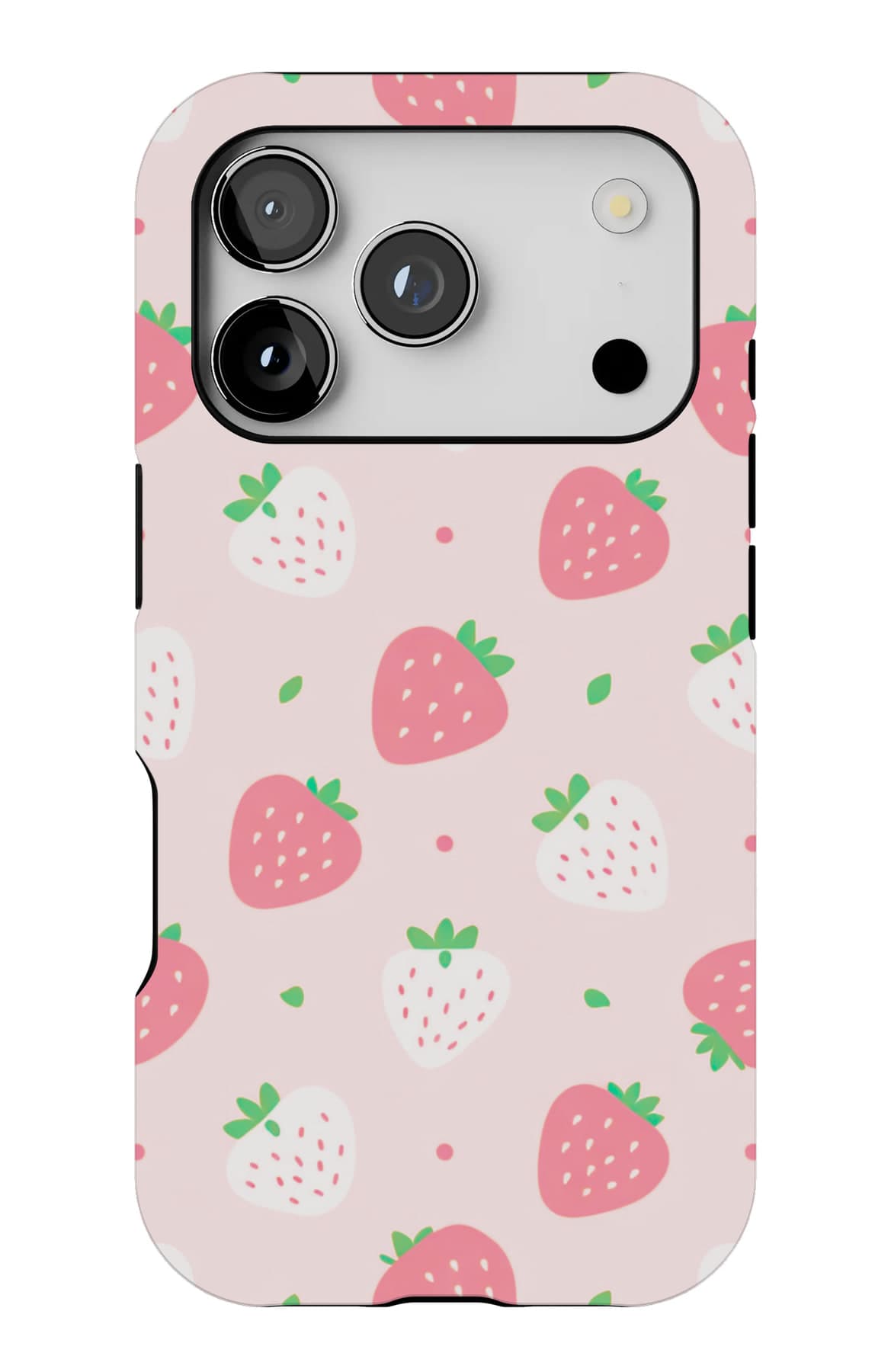 Strawberries scattered on soft pink. Shown on an iPhone.