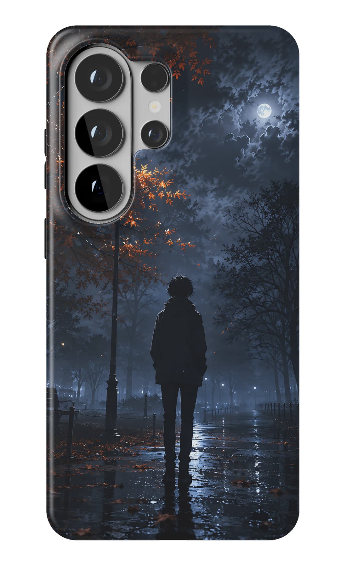 A figure under a streetlight in the rain. Shown on a Galaxy.