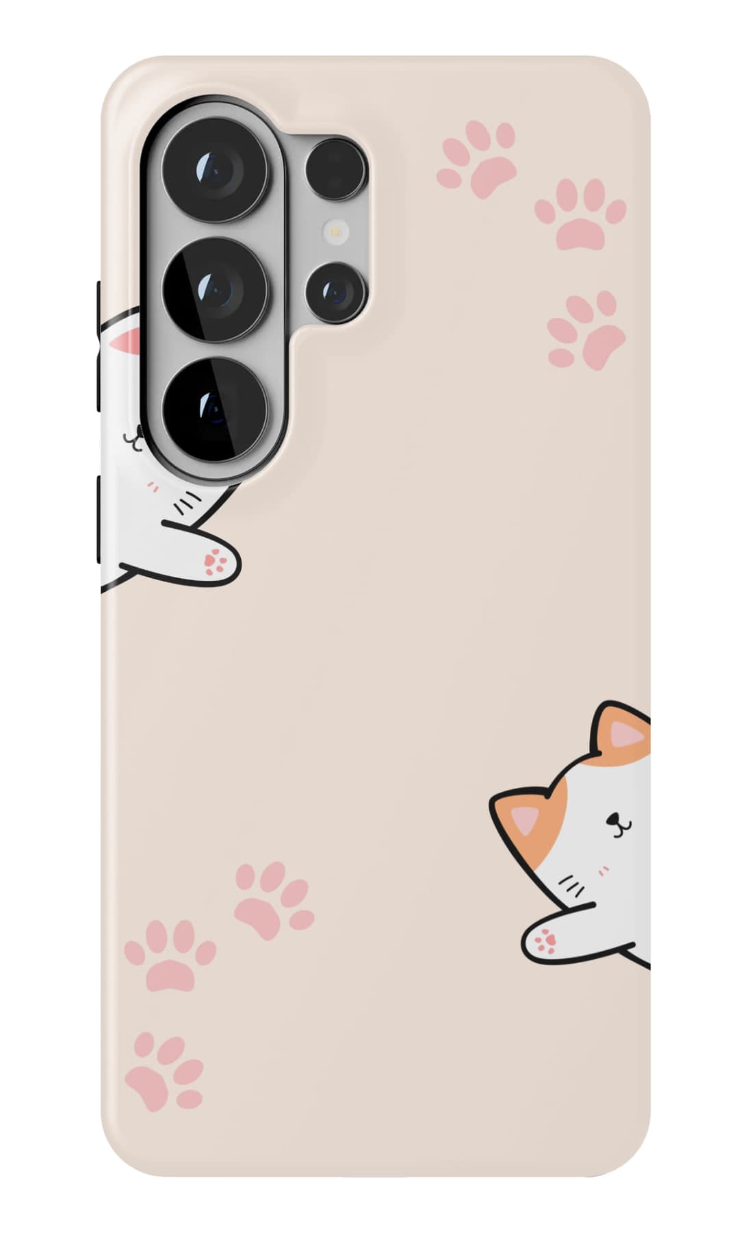 A white cat stretching the length of a blush ground. Shown on a Galaxy.