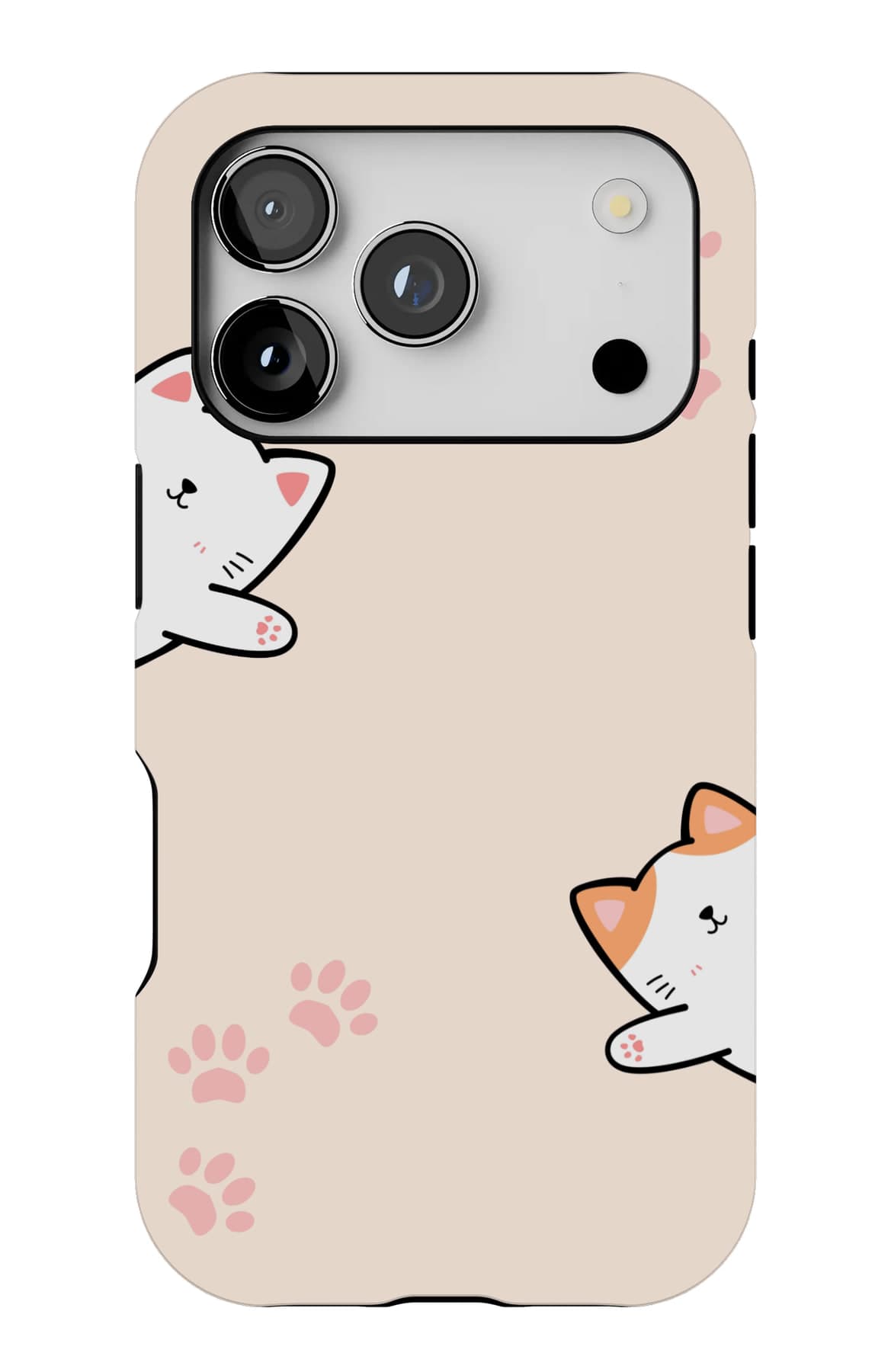 A white cat stretching the length of a blush ground. Shown on an iPhone.