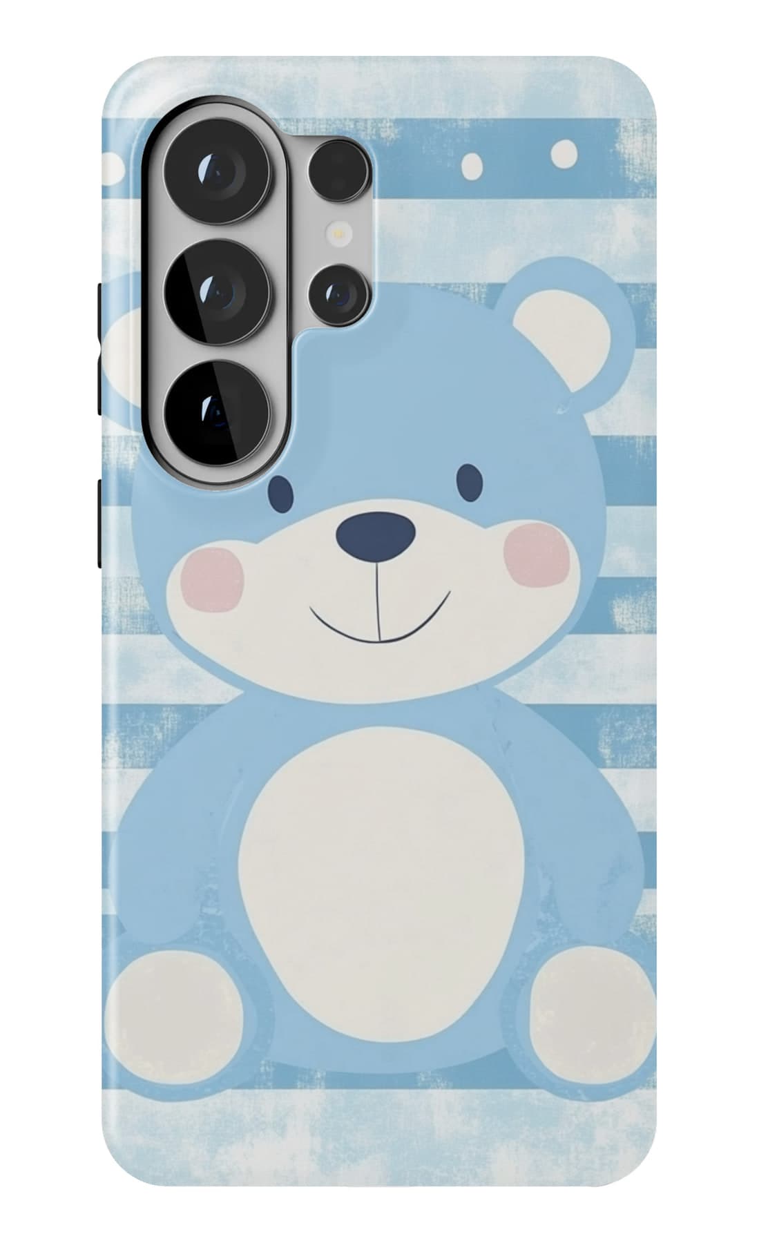 A teddy on soft blue stripes. Shown on a Galaxy.