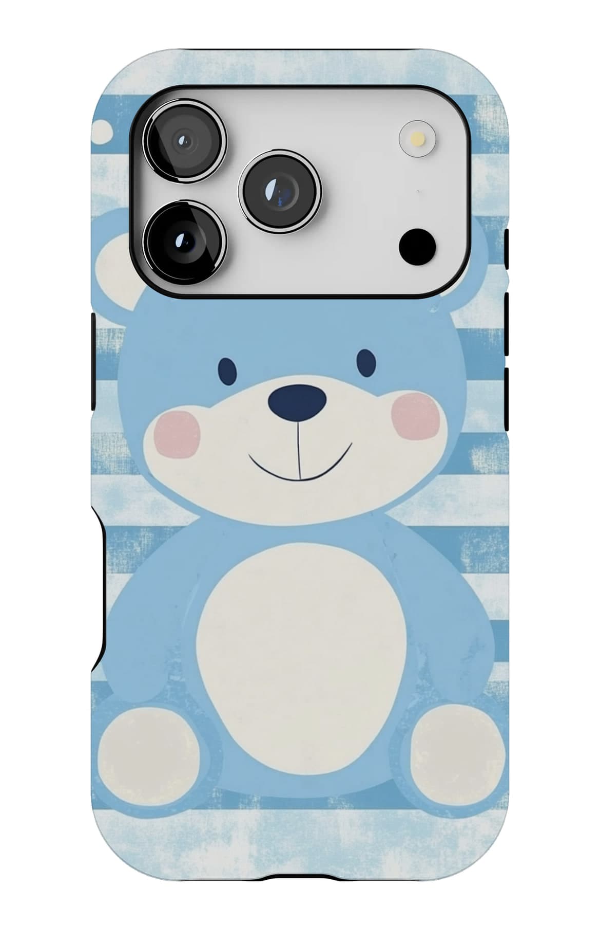 A teddy on soft blue stripes. Shown on an iPhone.