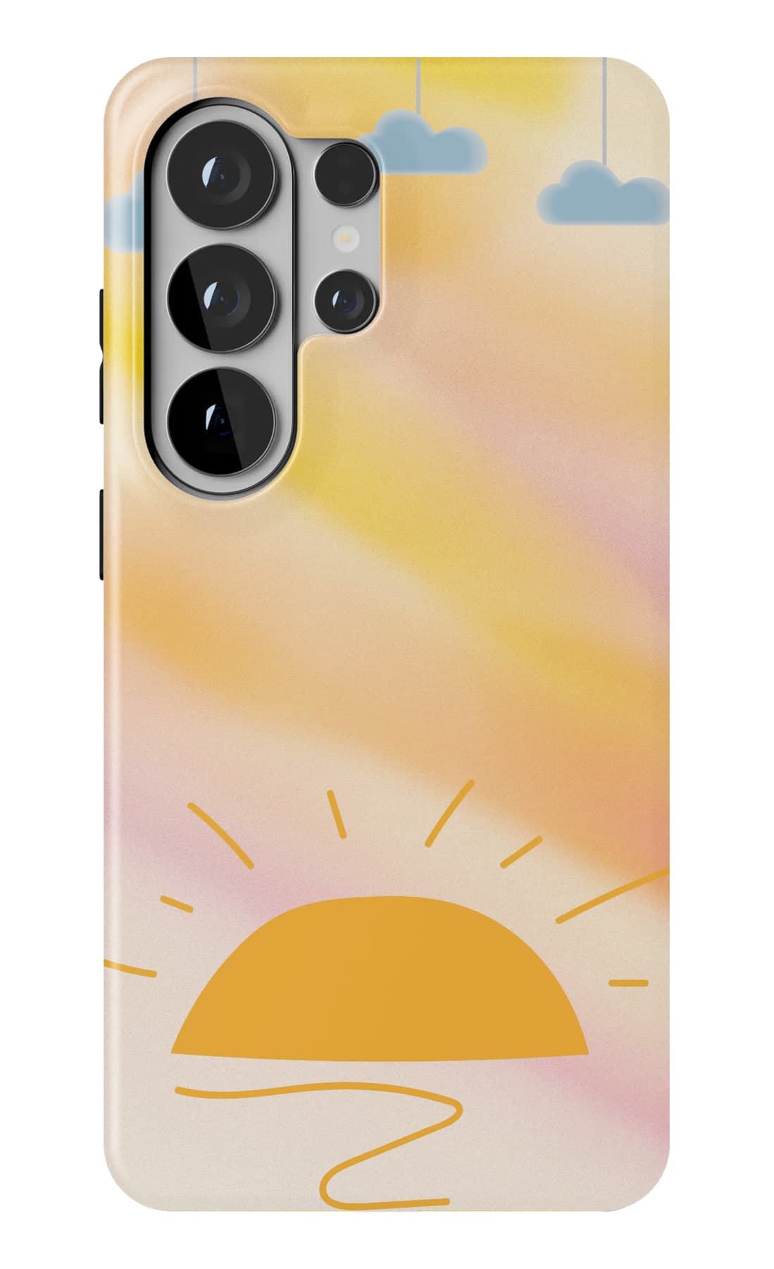 A low sun with clouds hung above it. Shown on a Galaxy.