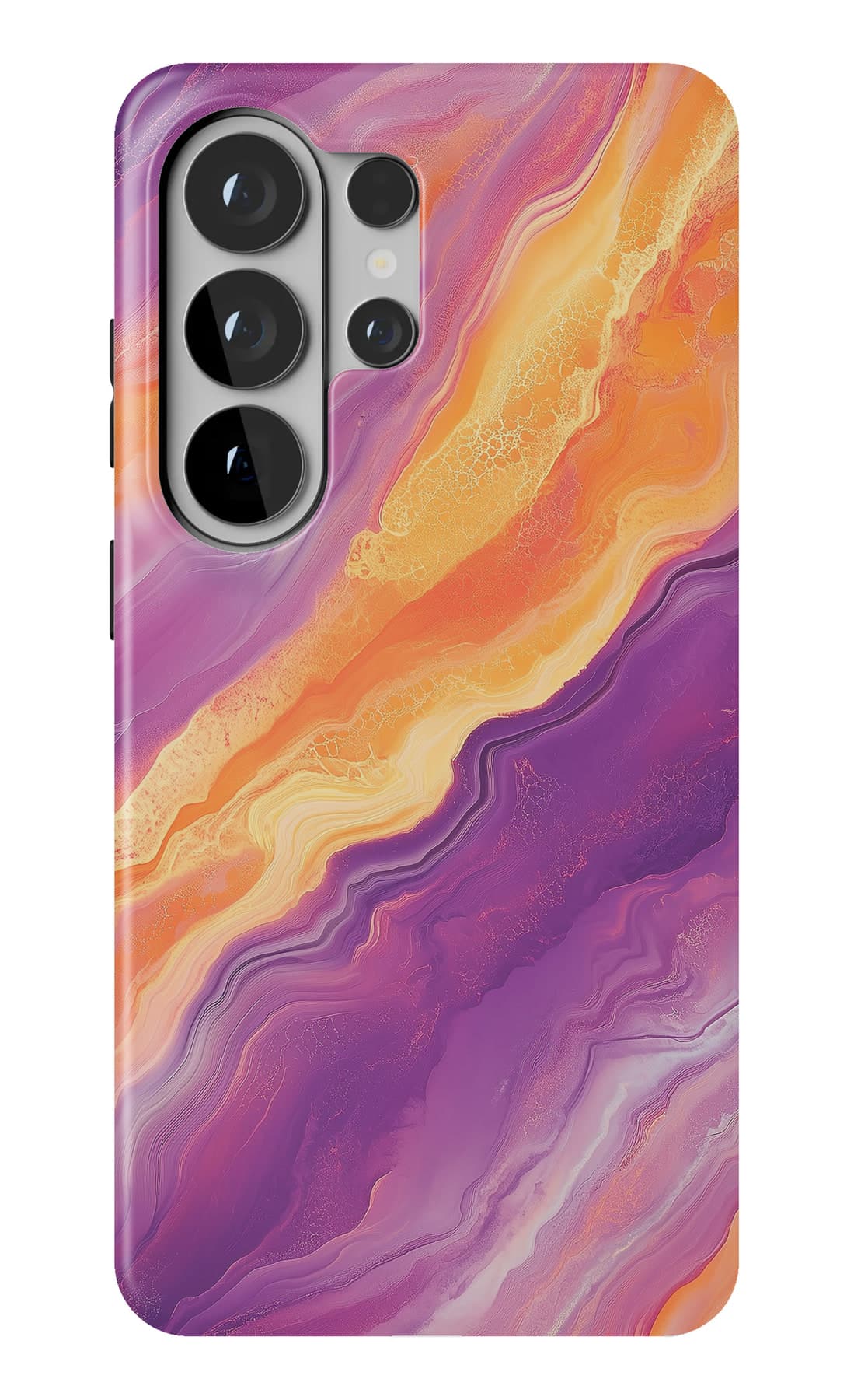 Orange and violet ink, poured and swirled. Shown on a Galaxy.