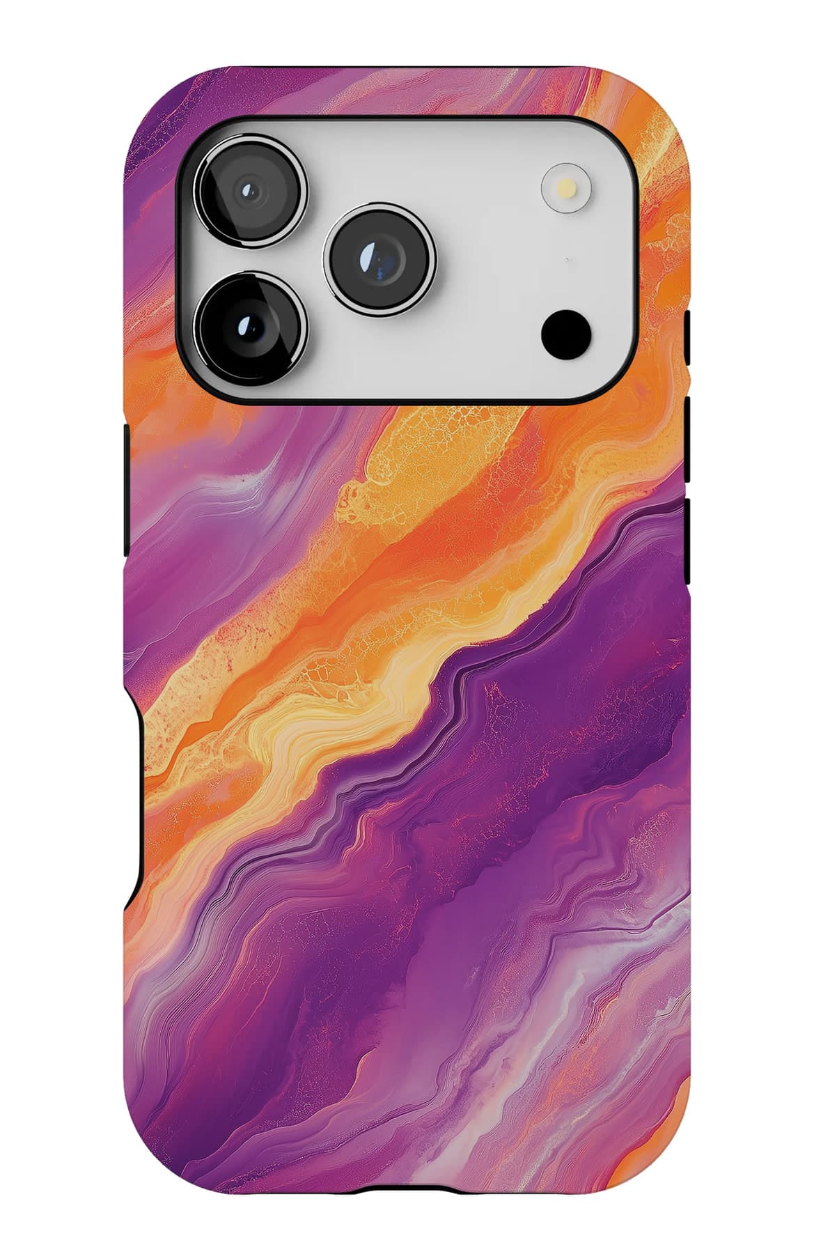 Orange and violet ink, poured and swirled. Shown on an iPhone.