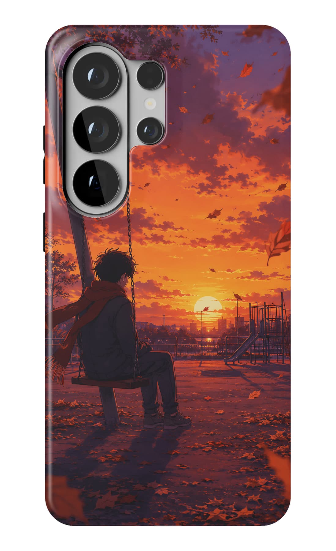 A figure on a swing against a burning sky. Shown on a Galaxy.