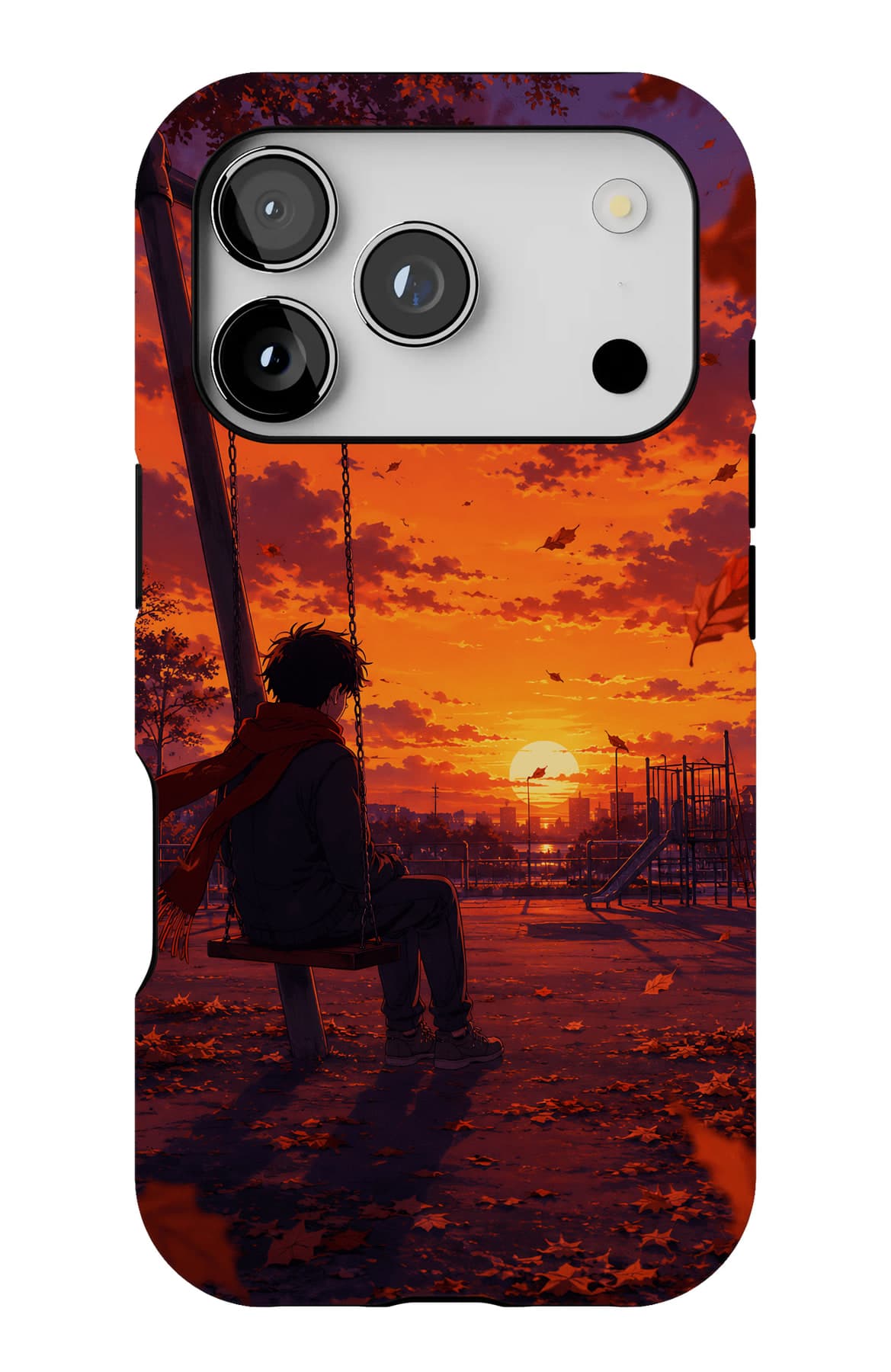 A figure on a swing against a burning sky. Shown on an iPhone.
