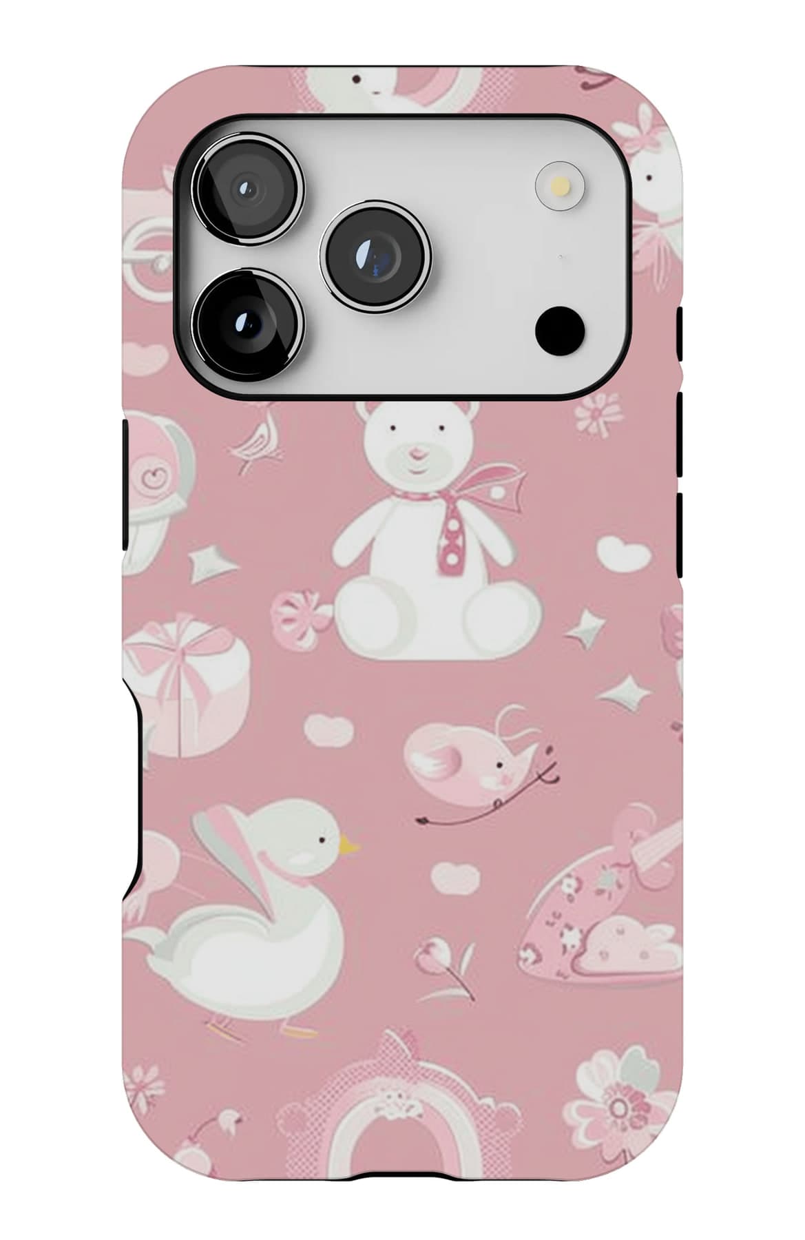 White swans and hearts on pink. Shown on an iPhone.
