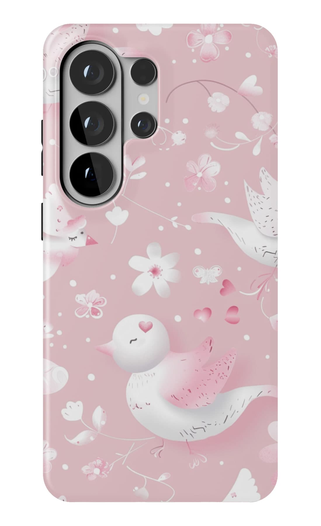 White swans and flowers on pink. Shown on a Galaxy.