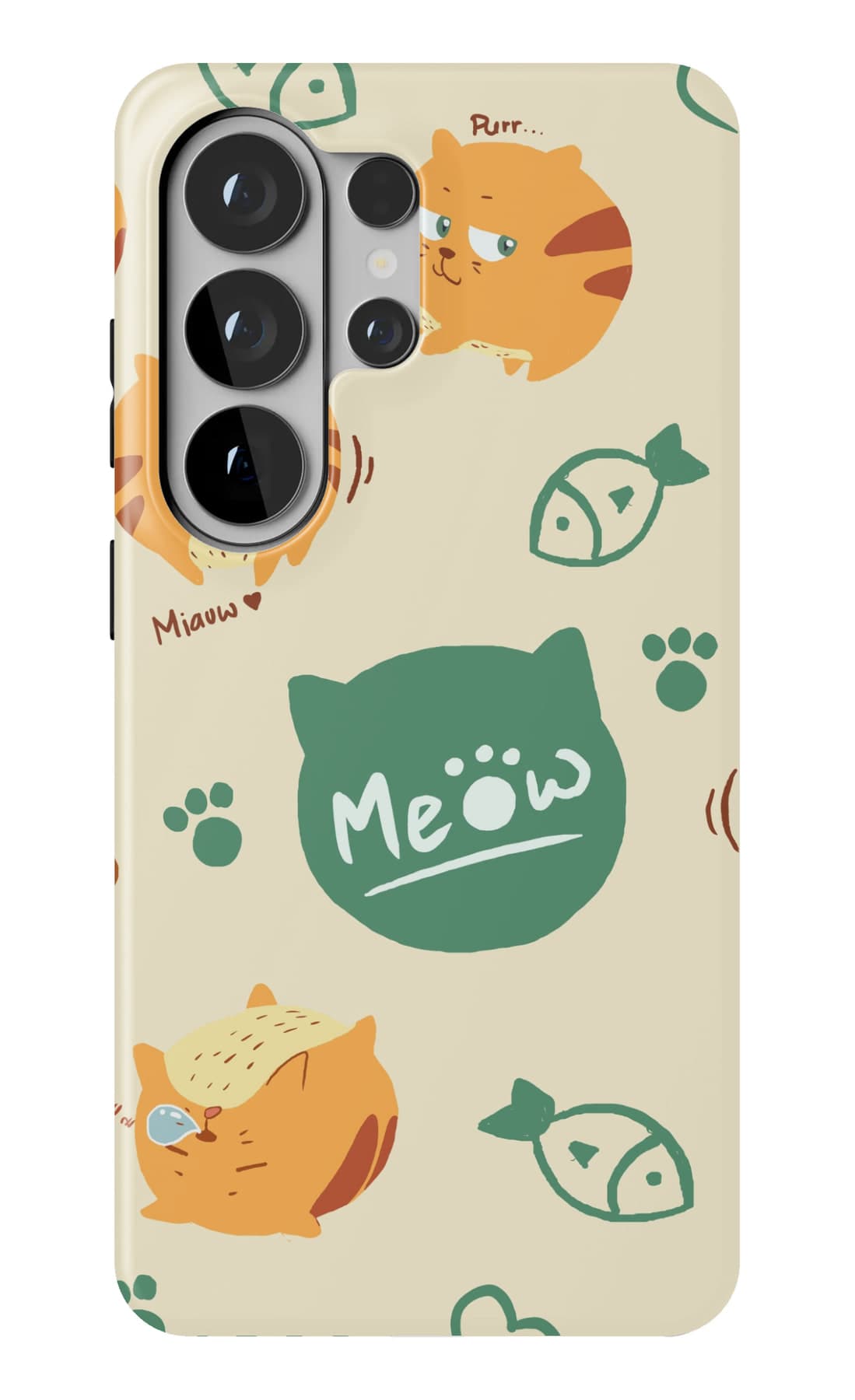 An orange tabby, some fish, and a meow. Shown on a Galaxy.