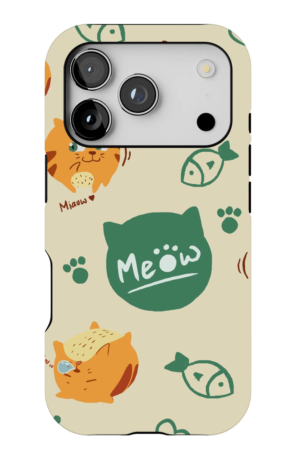 An orange tabby, some fish, and a meow. Shown on an iPhone.
