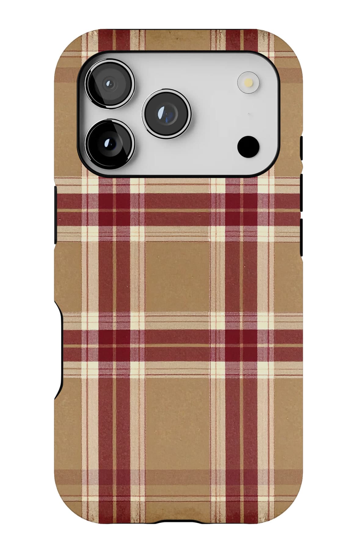Tan ground crossed with red. Shown on an iPhone.