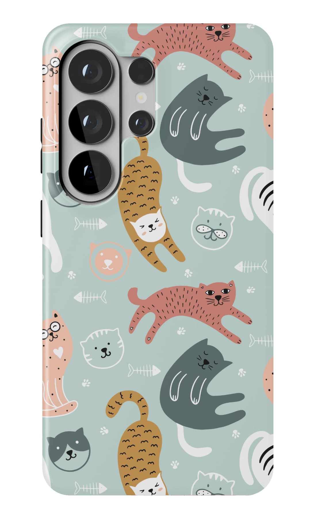 Cats stretching right across a teal ground. Shown on a Galaxy.