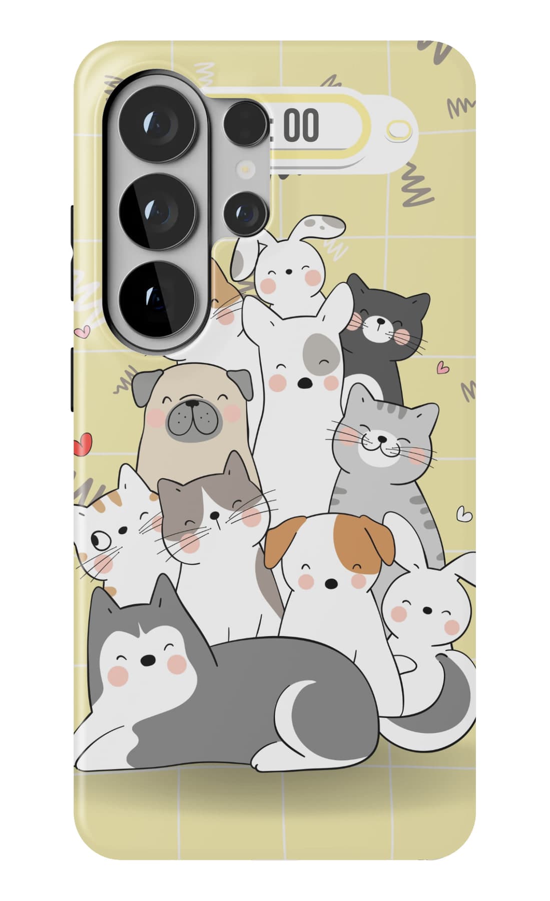 A heap of cats and dogs on soft yellow. Shown on a Galaxy.