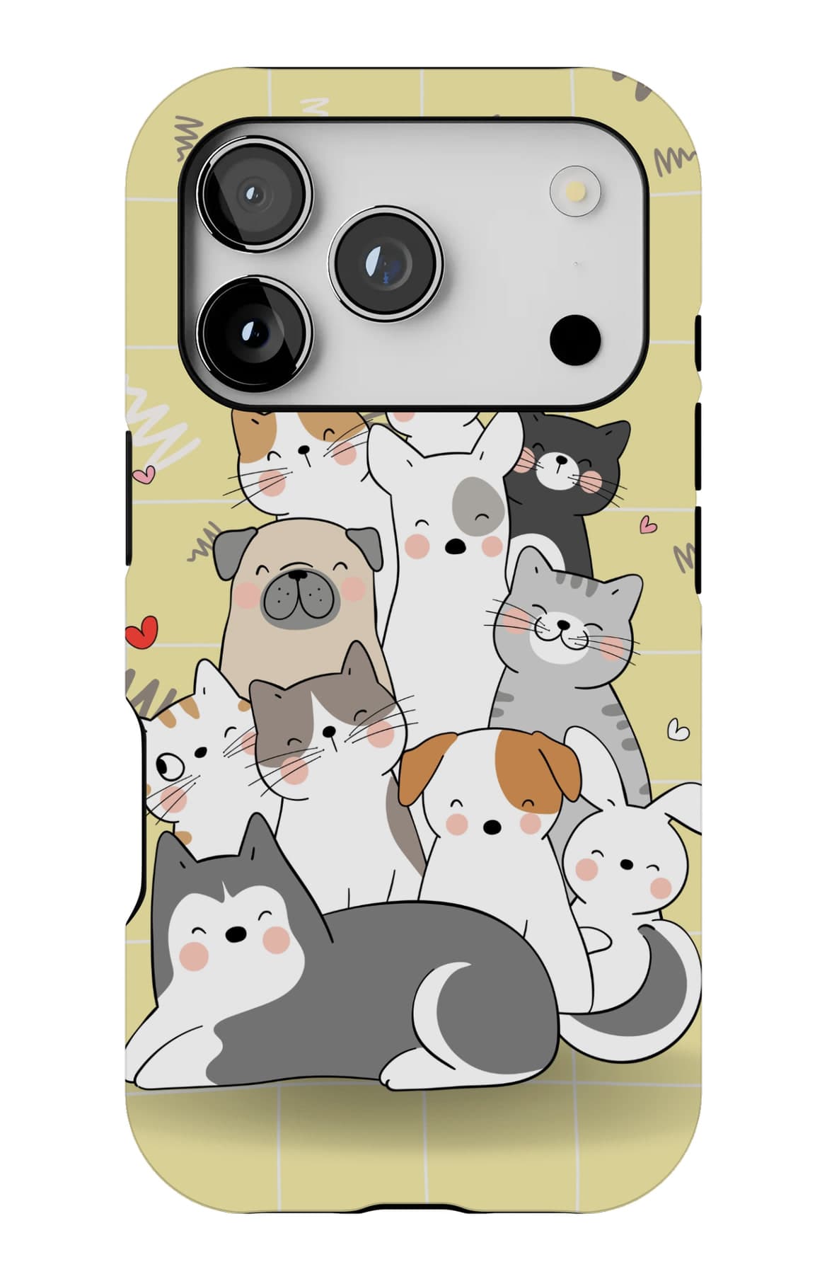 A heap of cats and dogs on soft yellow. Shown on an iPhone.