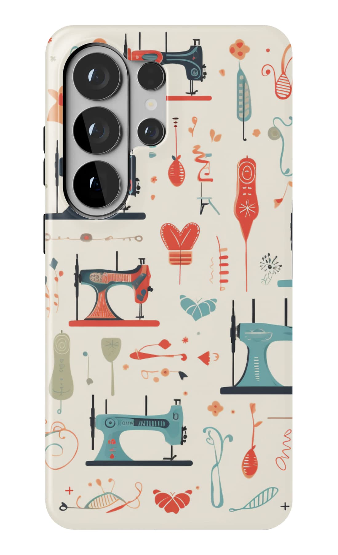 Machines, thread and scissors on cream. Shown on a Galaxy.