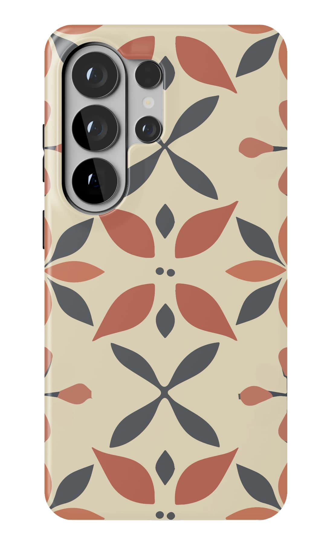 Moroccan florets in rust and navy on cream. Shown on a Galaxy.