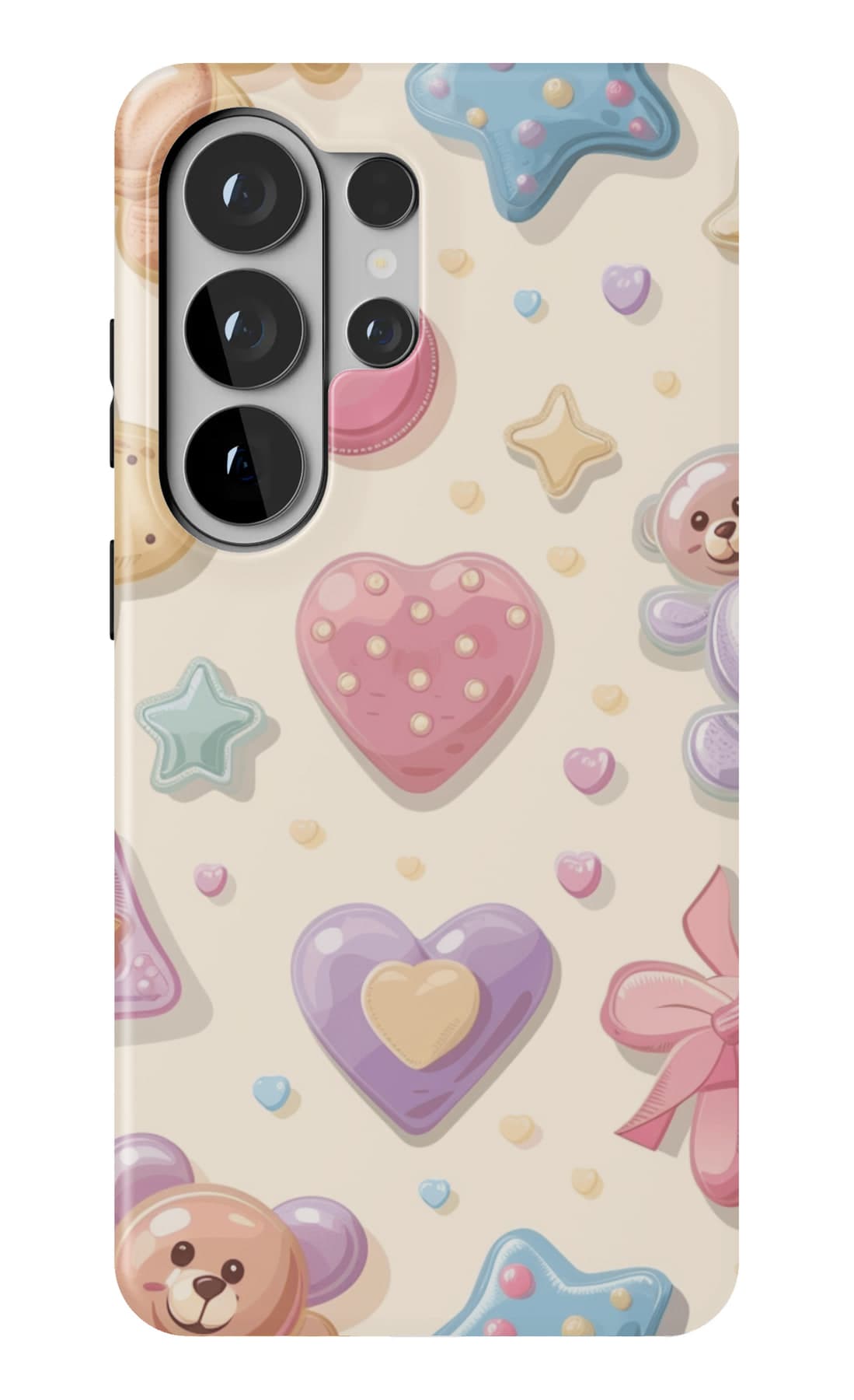 Pastel toys, hearts and bows on cream. Shown on a Galaxy.