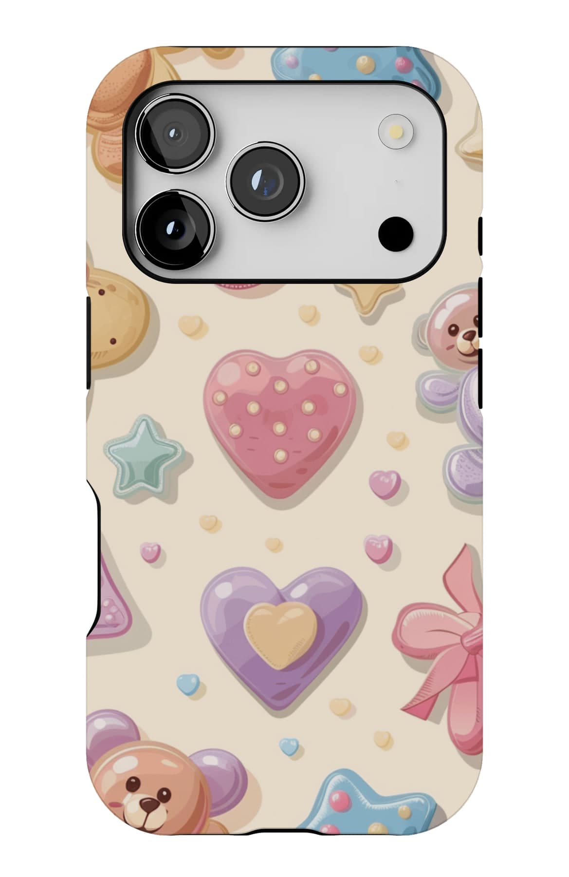 Pastel toys, hearts and bows on cream. Shown on an iPhone.