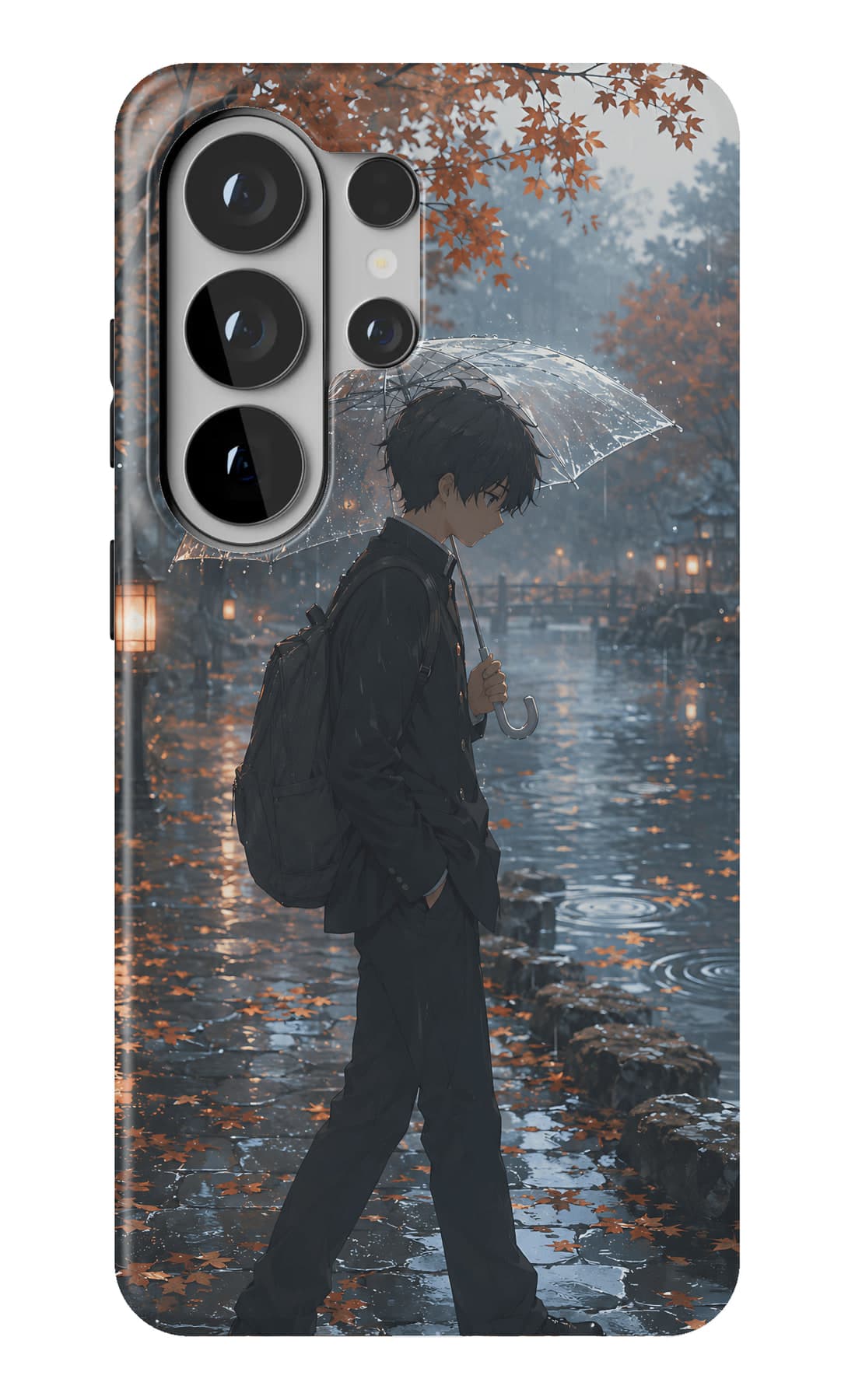 Walking home under an umbrella, autumn rain. Shown on a Galaxy.