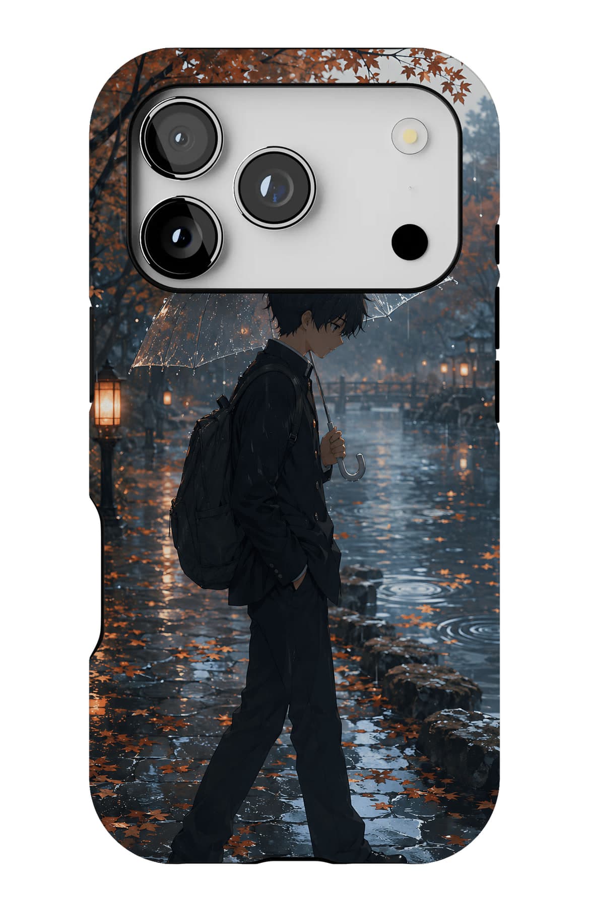 Walking home under an umbrella, autumn rain. Shown on an iPhone.