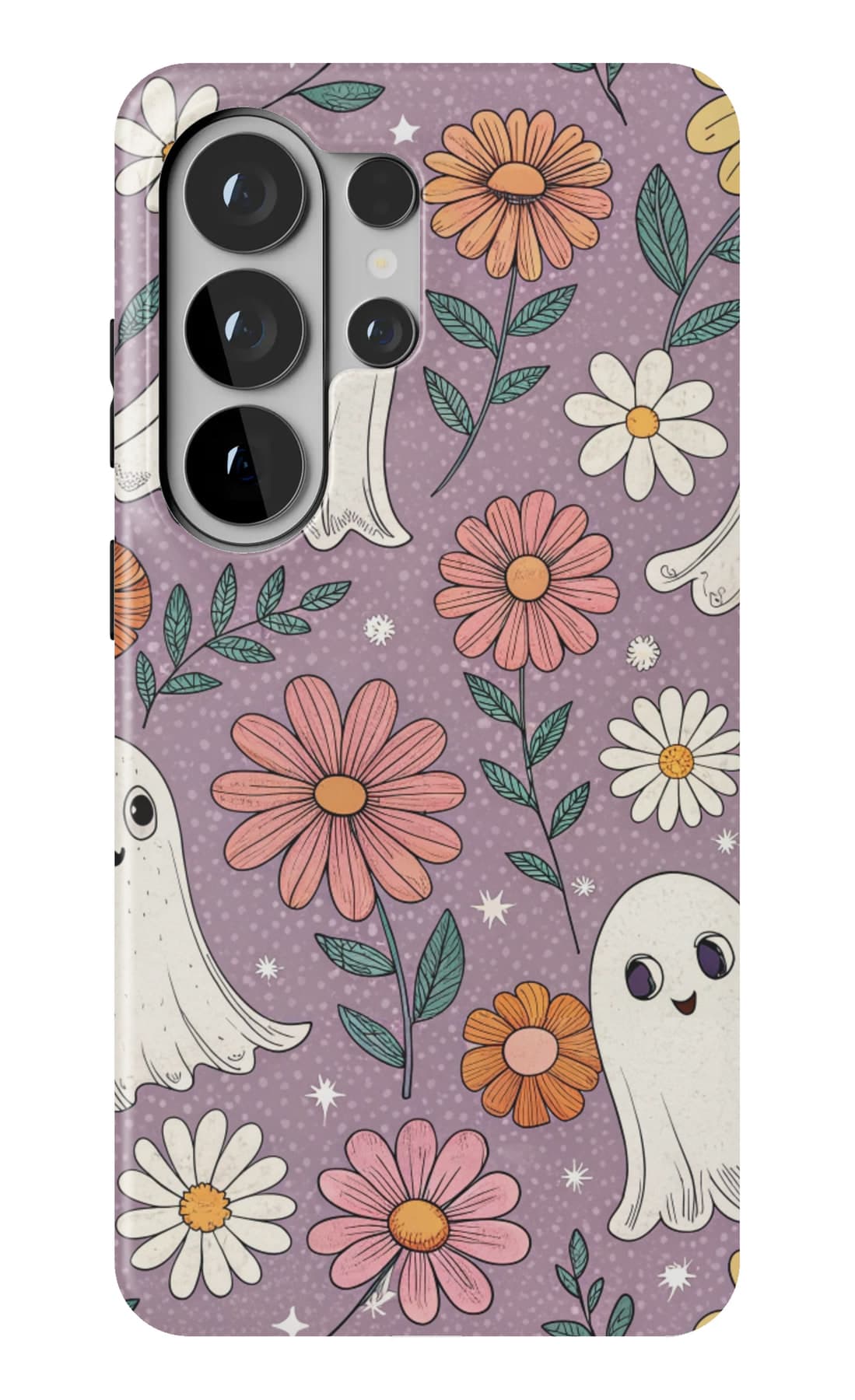 Ghosts and daisies on violet. Shown on a Galaxy.