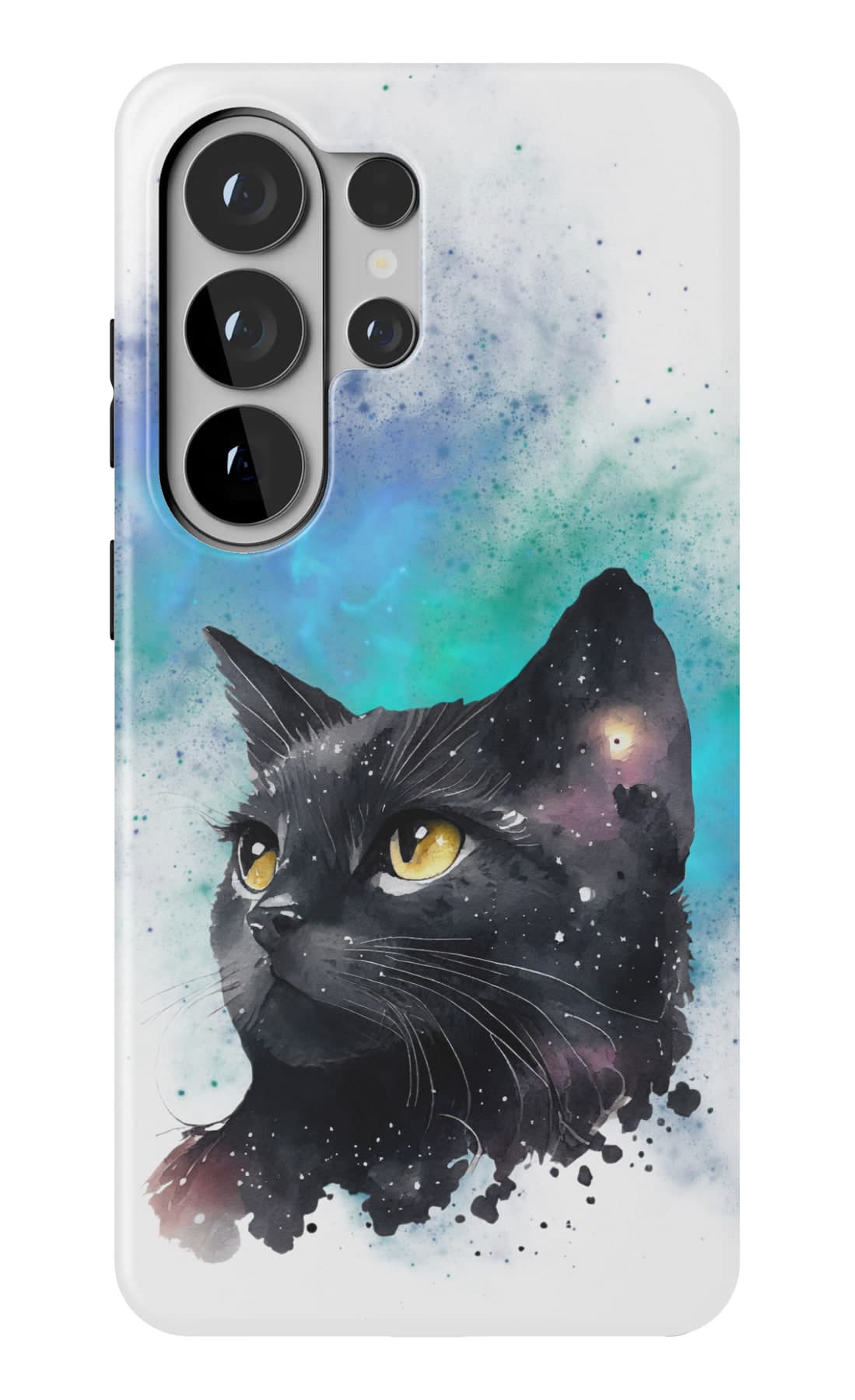 A black cat painted into a watercolour galaxy. Shown on a Galaxy.