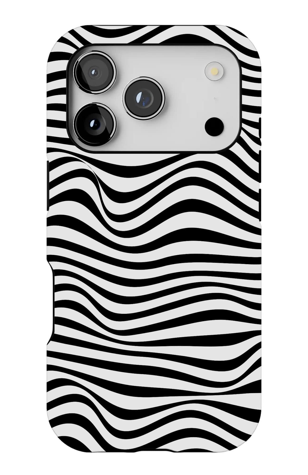 Thick black waves rolling across white. Shown on an iPhone.