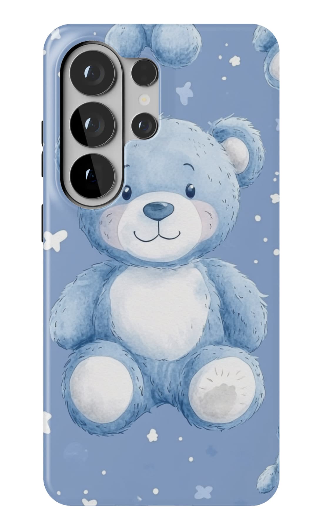 A white teddy on painted blue. Shown on a Galaxy.