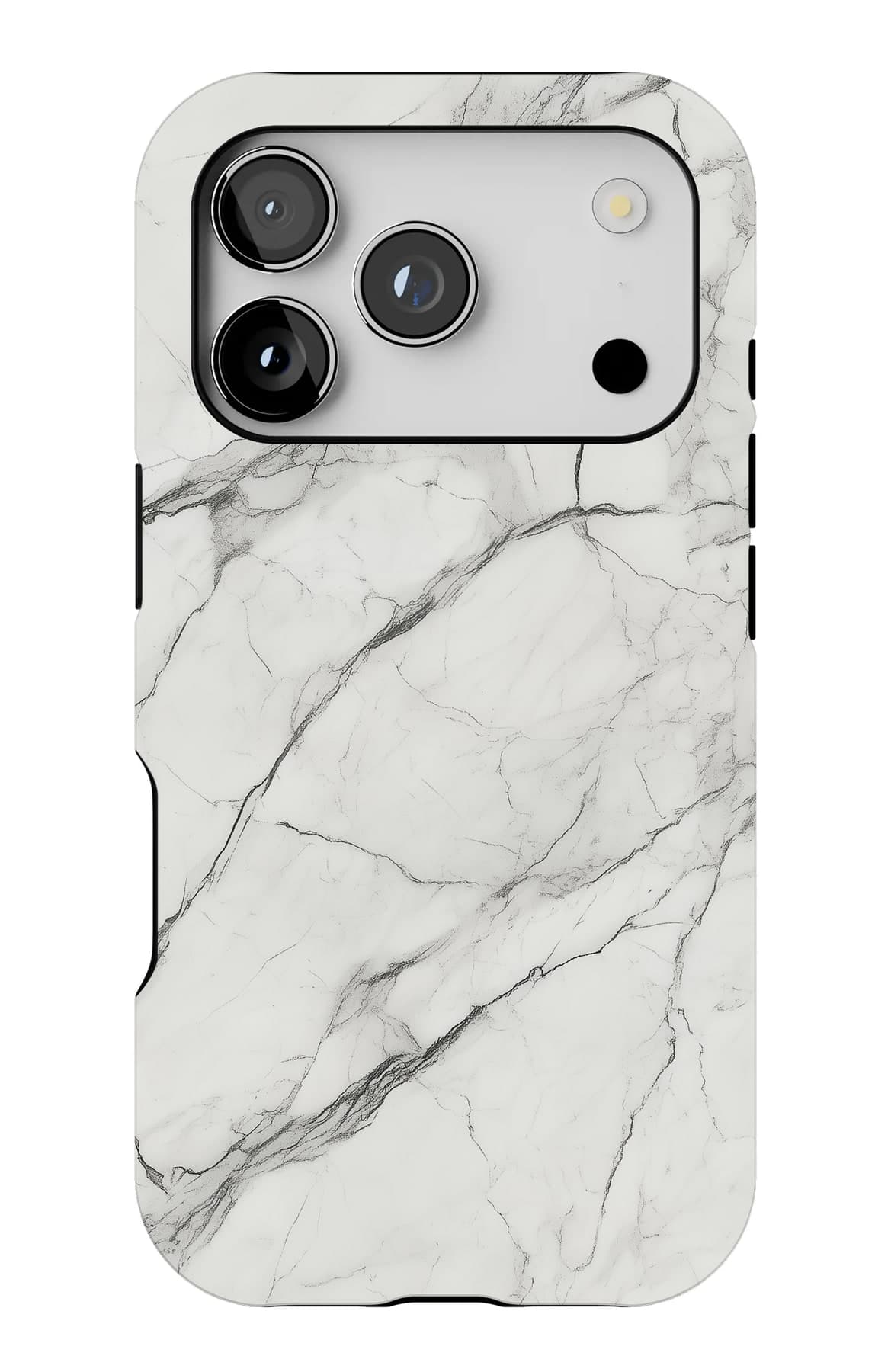 White marble with the faintest grey veins. Shown on an iPhone.
