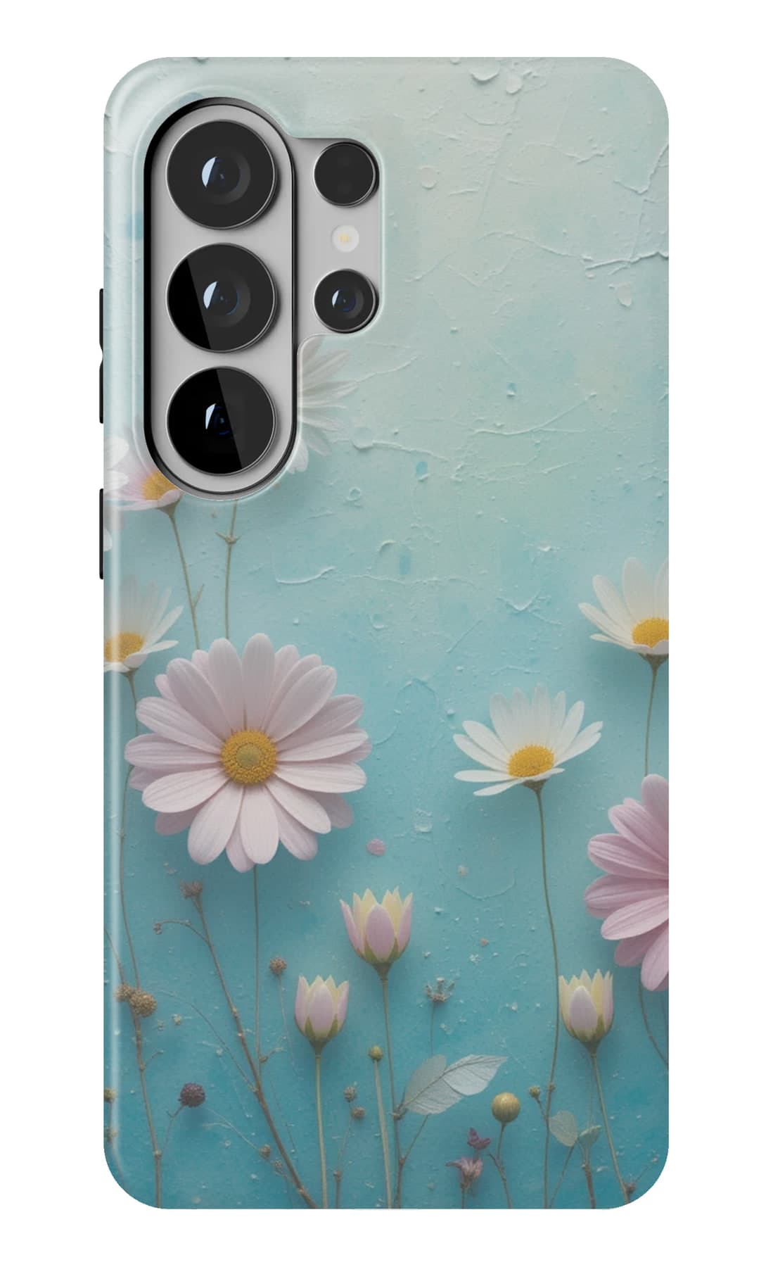 White daisies on a blue wash. Shown on a Galaxy.