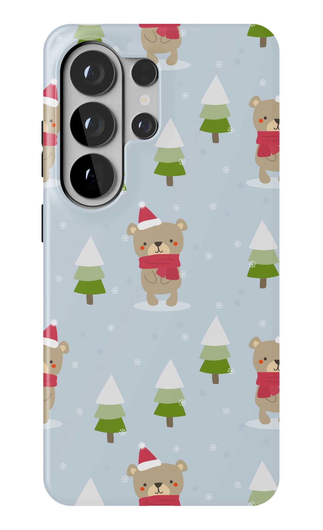 Teddies in scarves among small firs. Shown on a Galaxy.