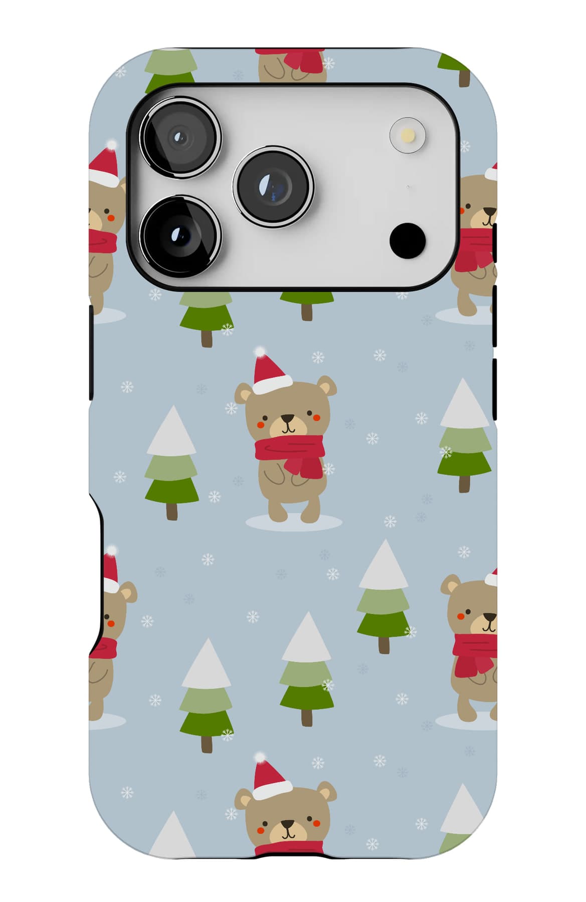 Teddies in scarves among small firs. Shown on an iPhone.