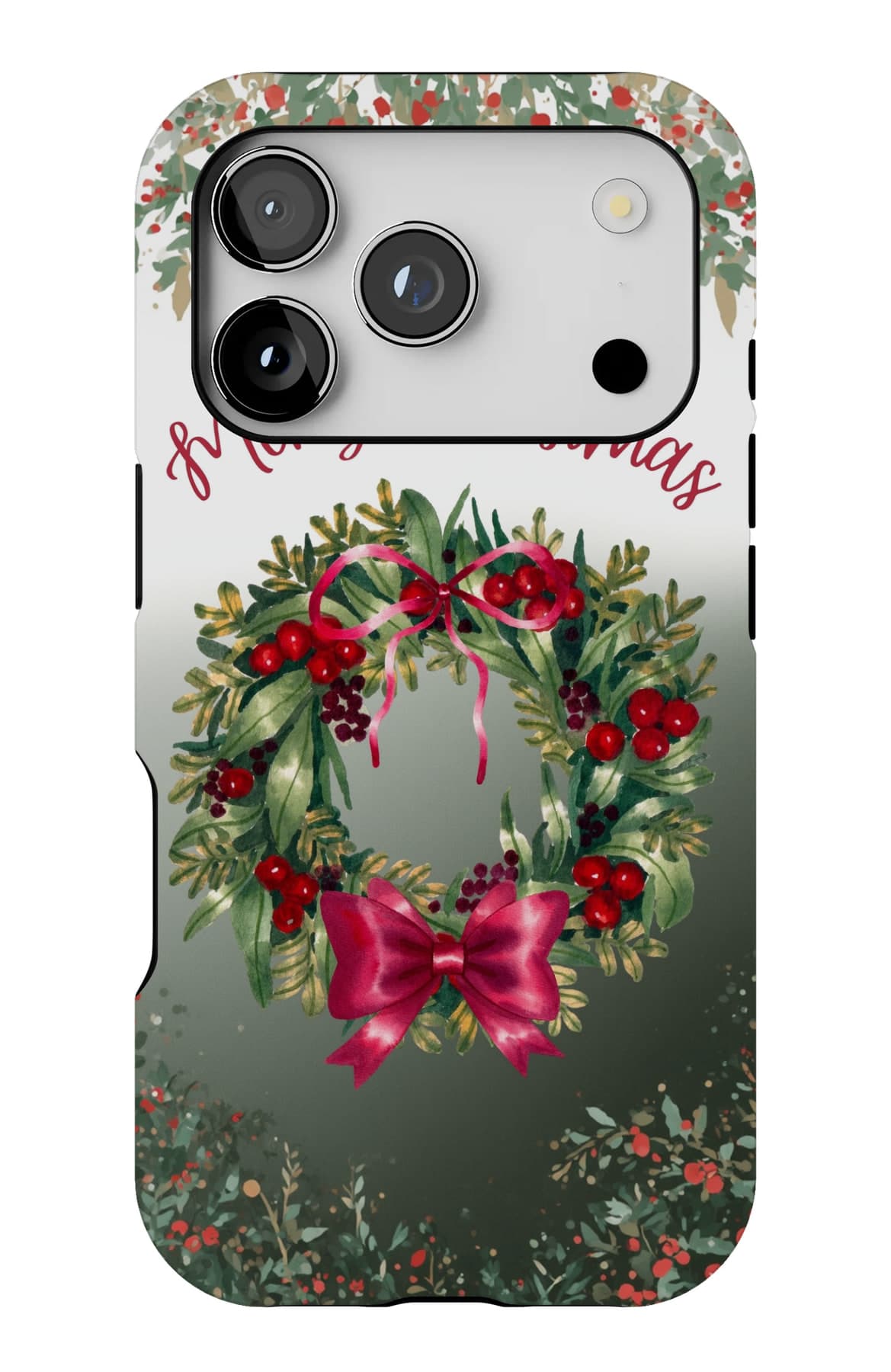 A winter wreath tied with a soft pink bow. Shown on an iPhone.
