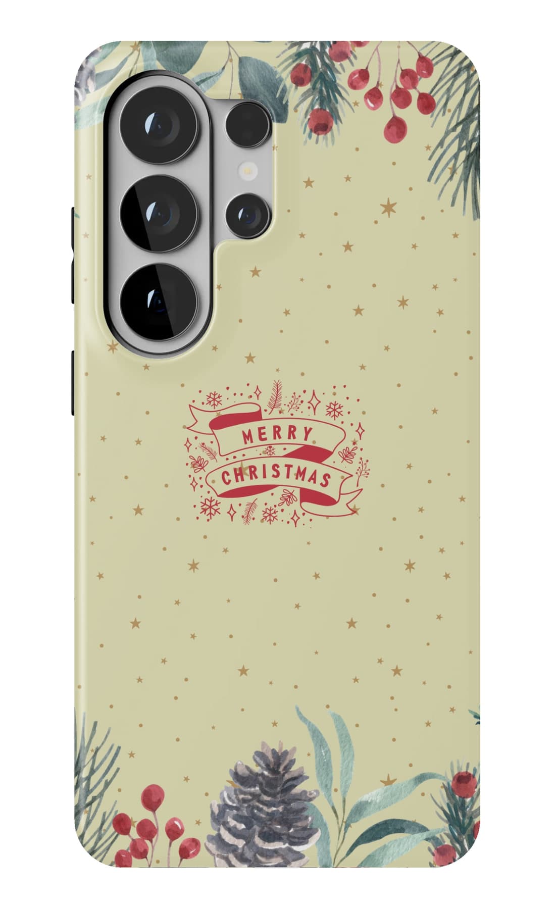 A pine-and-berry badge on soft sage. Shown on a Galaxy.