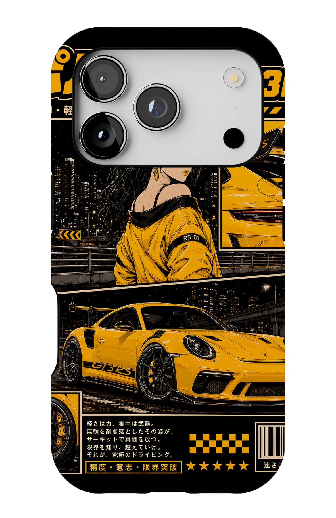 A yellow track car under city lights. Shown on an iPhone.