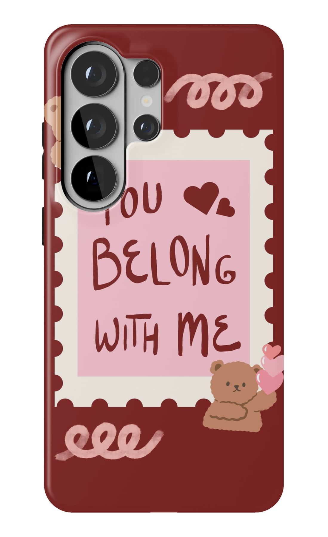A pink stamp on deep red. You belong with me. Shown on a Galaxy.