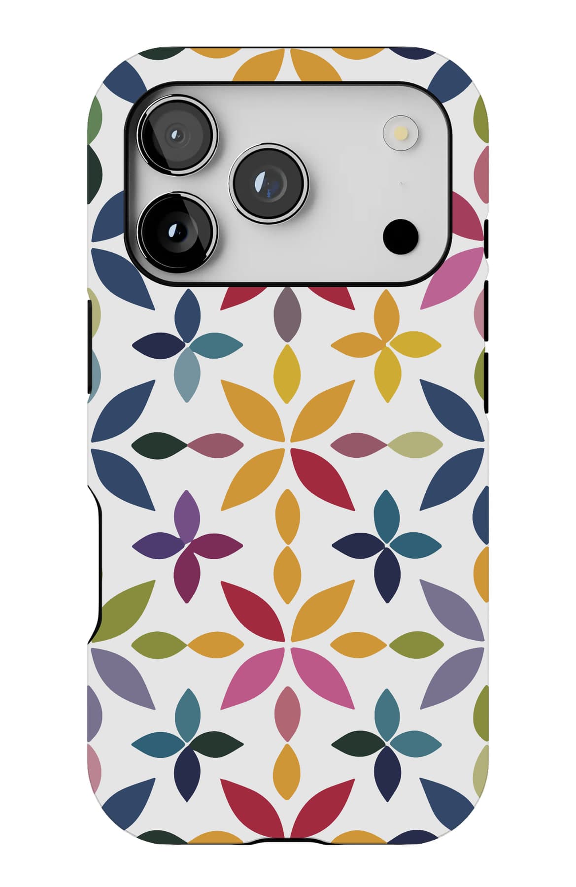Multicoloured blooms on deep navy. Shown on an iPhone.