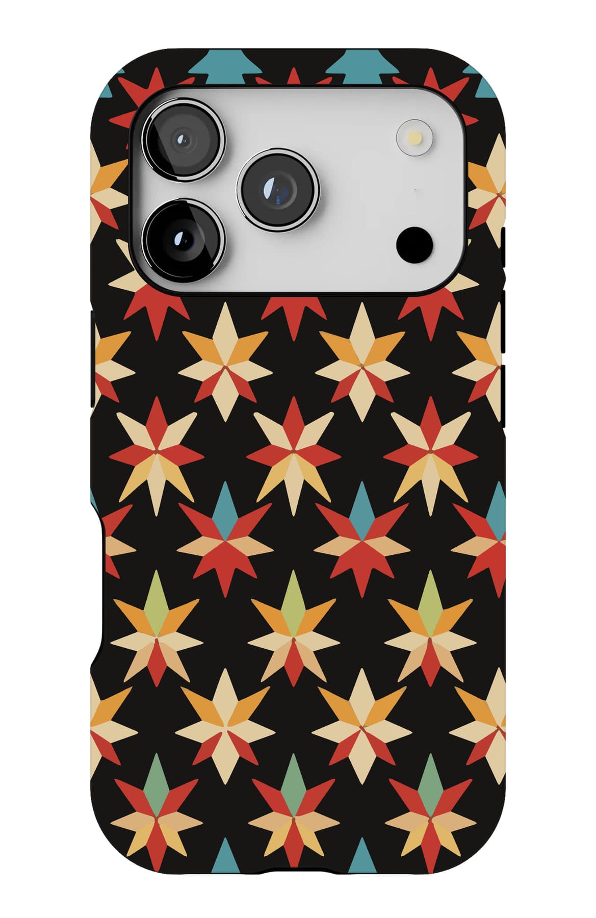 Orange and teal stars on a black ground. Shown on an iPhone.