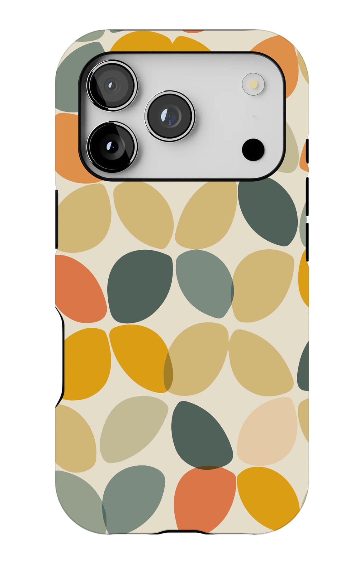 Mid-century petals in teal, mustard and clay. Shown on an iPhone.
